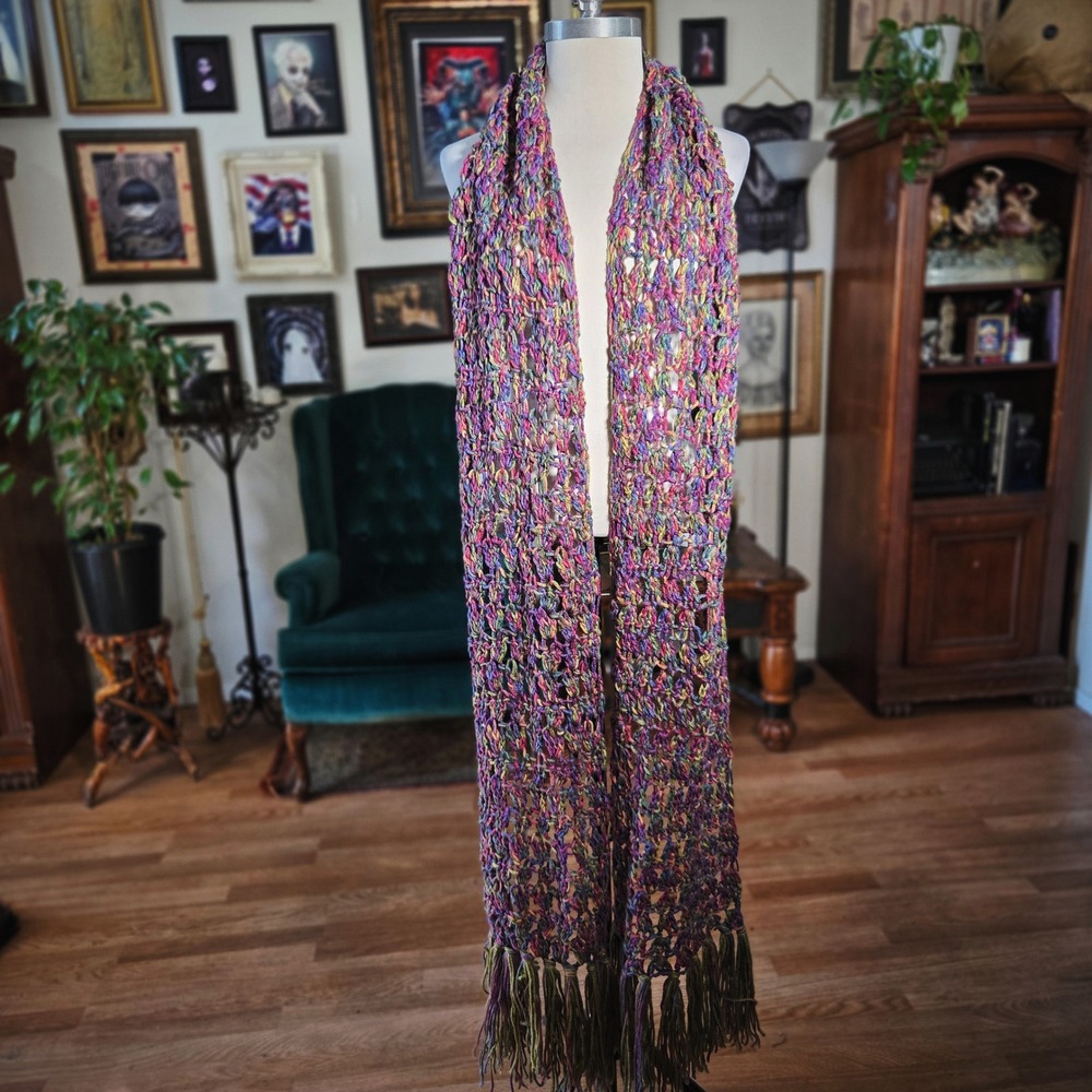 Handknit Scarf Vintage Boho Multi Color Chunky Crochet Fringe Long Wrap Shawl